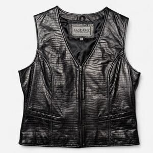 Saguaro black leather vest, zipper closure, crocodile embossed texture